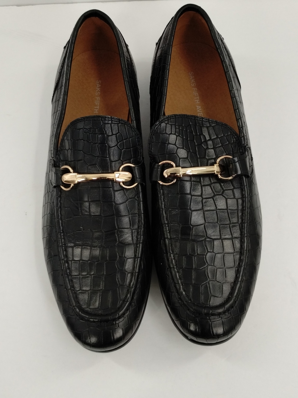 Saks Fifth Avenue Black Croc-Embossed Leather Loafers with Gold Bit